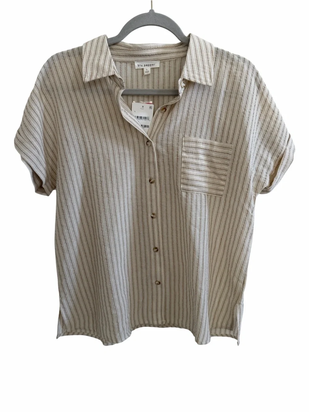 Blu Pepper Cream and Beige Striped Short Sleeve Button-Up Shirt - Picture 2 of 5